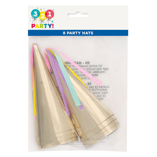 321 Party! Gold Unicorn Horn Party Hats, 8 ct