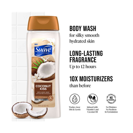 Suave Essentials Coconut Kiss Body Wash, 18 oz
