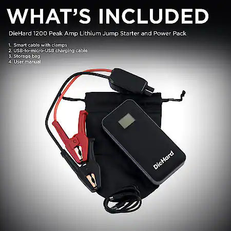 1200 Peak Amp Lithium Jump Starter and Power Pack: Safe Smart Cable and Clamps