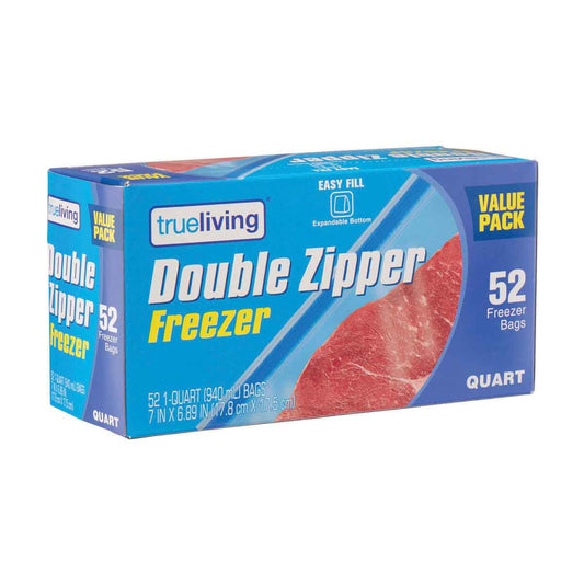 TrueLiving Double Zipper Freezer Bags, Quart Size, 52 ct