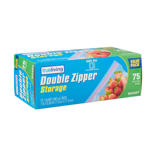 TrueLiving Double Zipper Storage Bags Value Pack, Quart Size, 75 ct
