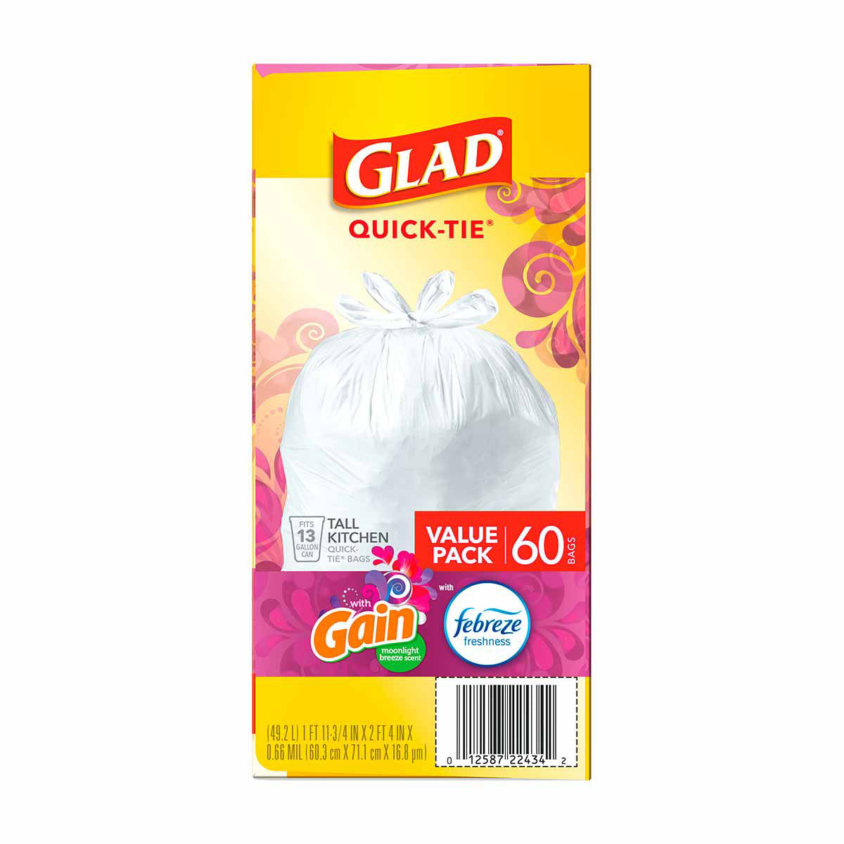 Glad® Tall Kitchen Quick-Tie Trash Bags, 13 Gallon, Gain Moonlight Breeze with Febreze, 60 Count