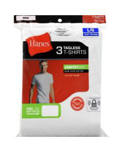 Hanes Men's Tagless White T-shirts, Large, 3 pk