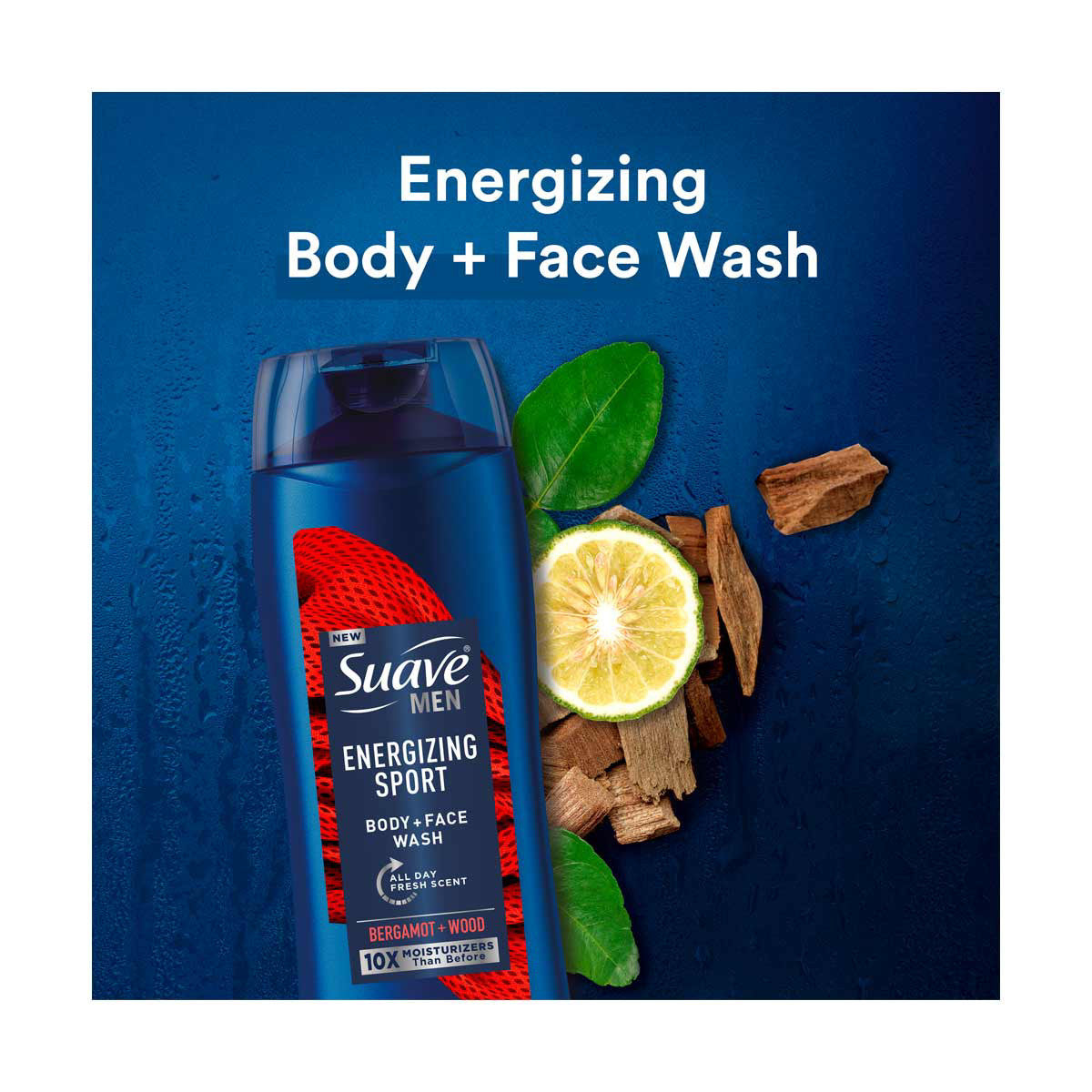 Suave Men Body + Face Energizing Sport Wash, Bergamot & Wood, 18 fl oz