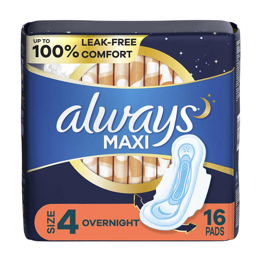 Always Maxi Overnight Pads with Wings for Women, Size 4, Overnight Absorbency, Unscented, 16 Count