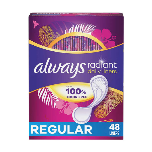 Always Radiant Daily Liners Light Absorbency, Regular Length, Up to 100% Odor Free and Fragrance Free, with Edge-2-Edge Adhesive, 48 Count