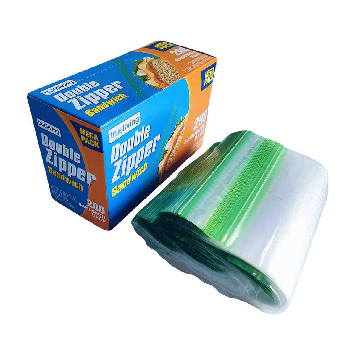 TrueLiving Double Zipper Sandwich Bags, 6.5 in x 5.9 in, 200 ct