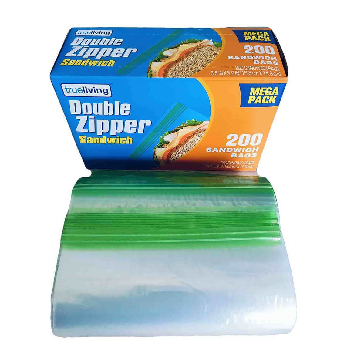 TrueLiving Double Zipper Sandwich Bags, 6.5 in x 5.9 in, 200 ct