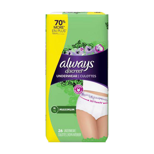 Always Discreet Adult Incontinence Underwear for Women and Postpartum Underwear, XL, Up to 100% Bladder Leak Protection, 26 CT