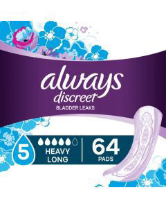 Always Discreet Incontinence Pads for Women, Heavy Absorbency, Long Length, 64 Count
