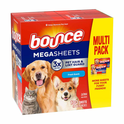 Bounce Pet Hair and Lint Guard Mega Dryer Sheets with 3X Pet Hair Fighters, Fresh Scent, 130 Count, Bounce Dryer Sheets, Pet Hair Remover for Laundry