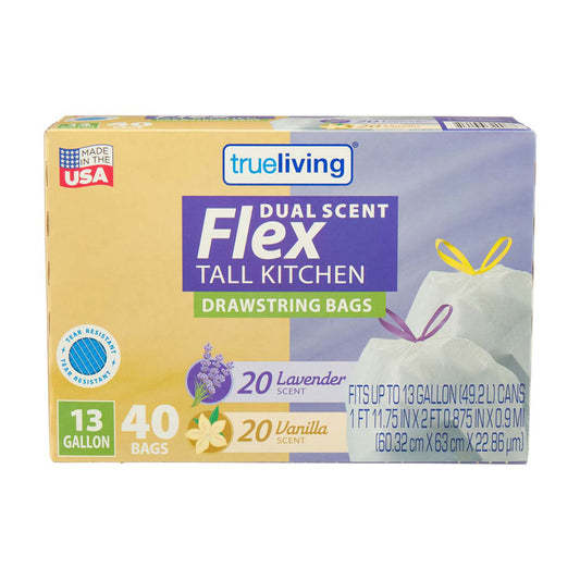 True Living Dual Scent Flex Tall Kitchen Drawstring Bags, Lavender and Vanilla, 40 ct