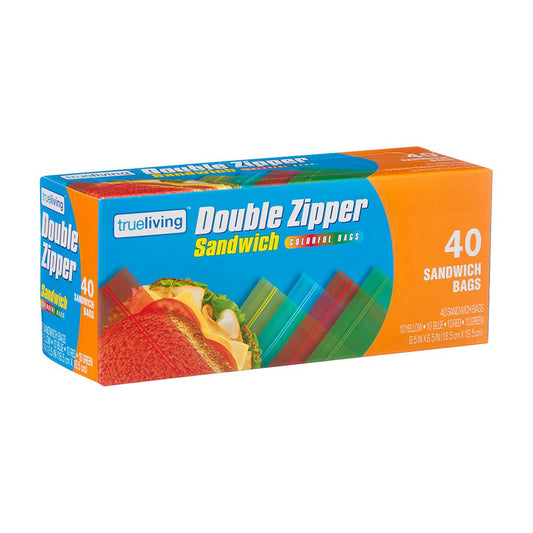 Trueliving Double Zipper Colorful Sandwich Bags, 40 ct