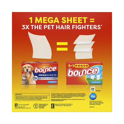 Bounce Pet Hair and Lint Guard Mega Dryer Sheets with 3X Pet Hair Fighters, Fresh Scent, 130 Count, Bounce Dryer Sheets, Pet Hair Remover for Laundry