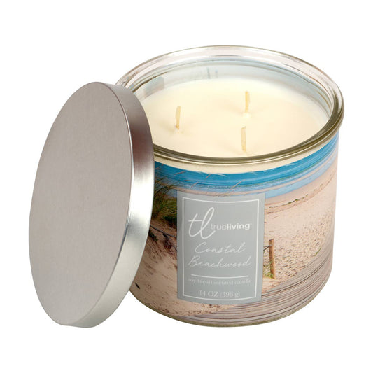 True Living Coastal Beachwood Scented Candle, 3-Wick Soy Blend, 14 oz